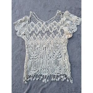 Issi Womens Crochet Lace Top Cream Boho Tassel Fringe Cotton TJ3001 Large